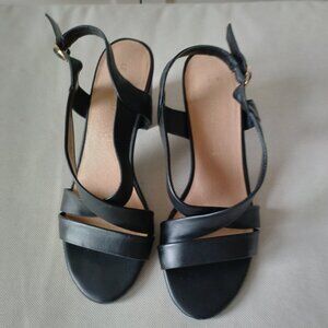 Black Genuine Leather Chunky Heel Sandals